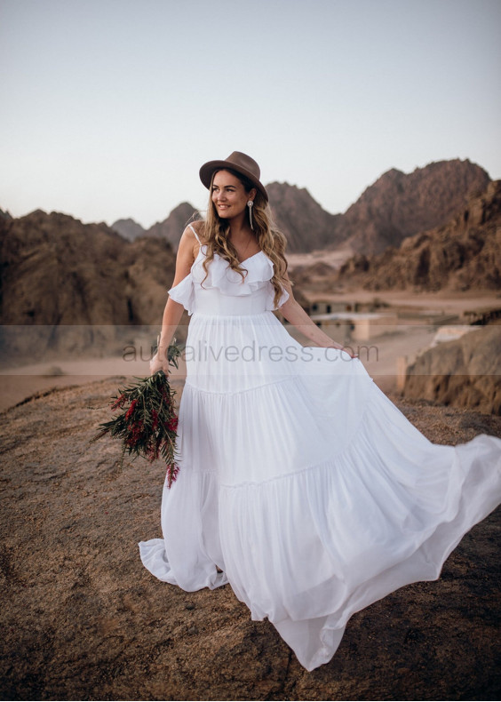 White Chiffon Summer Boho Wedding Dress With Ruffles